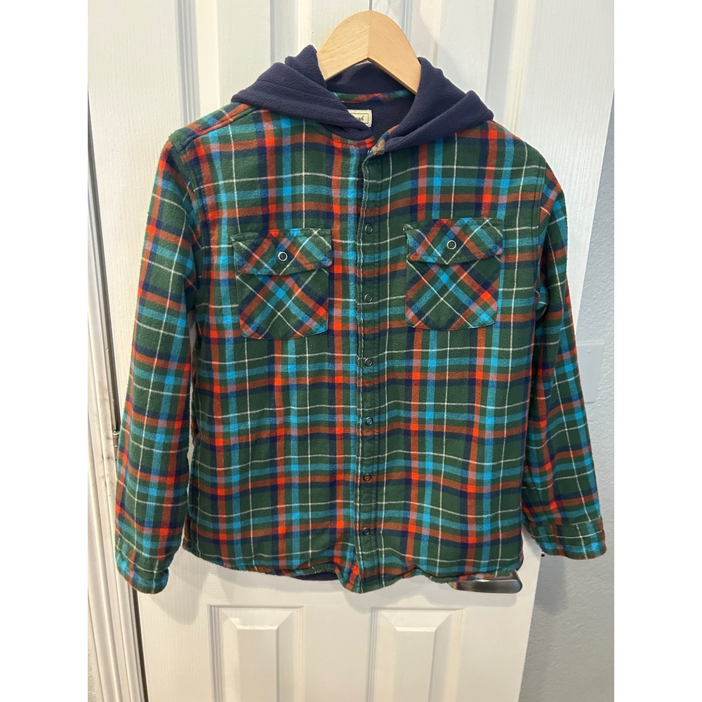 LL Bean Kids Fleece Lined Flannel‎ Shirt Jacket Green Plaid Hooded L 14-16 k2026